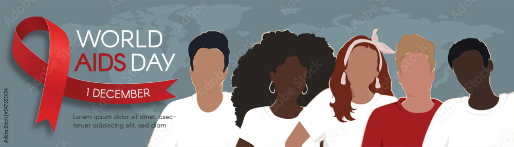 World AIDS Day. Horizontal long banner with a red ribbon, and diverse people. Vector flat illustration.