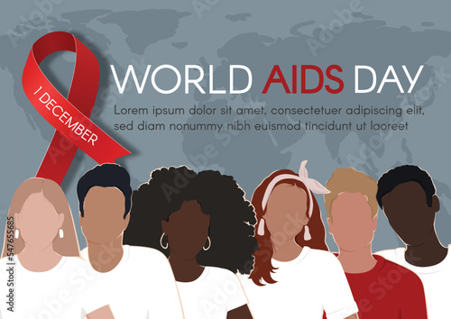 World AIDS Day. Horizontal banner with a red ribbon, and diverse people. Vector flat illustration..