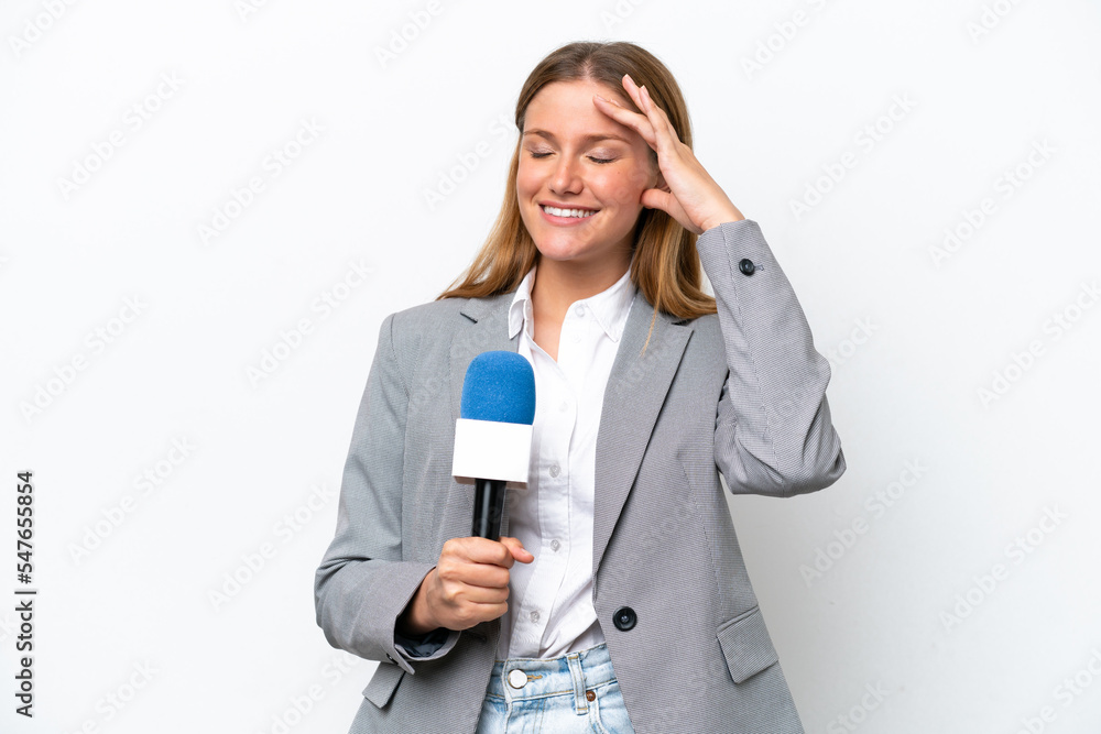 Young caucasian tv presenter woman isolated on white background smiling a lot Young caucasian tv presenter woman isolated on white background smiling a lot
