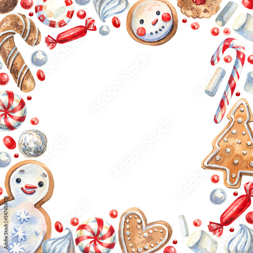 Christmas sweets frame. Traditional Christmas dessert decoration. Candies, cookies, lollipops, gingerbread, caramel background for postcards, menus, invitations.