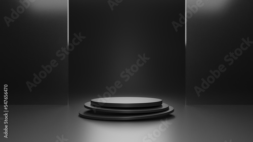 3d geometric shape form rendering in minimal scene podium showcase, shop front, display mockup case and stage for cosmetic premium product presentation placement with empty blank space.