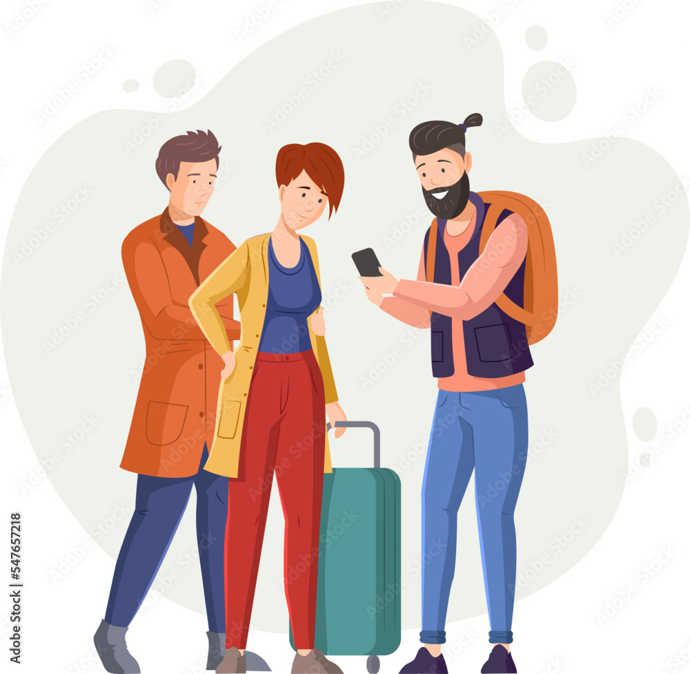 Tourists with luggage waiting for plane departure in airport