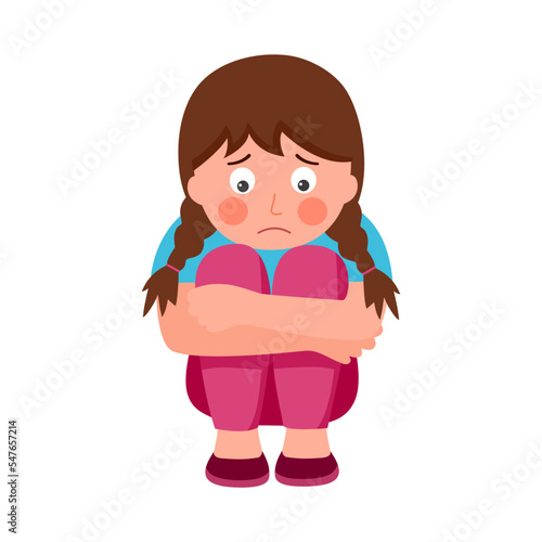 Sad little girl sitting on floor in flat design on white background. Unhappy child.