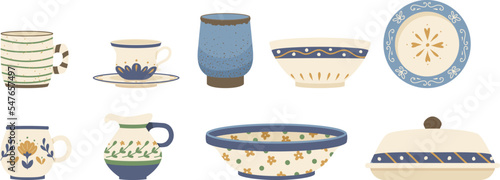 Kitchen utensils and dishware ceramic pottery white floral pattern in retro style. Porcelain or ceramic cup, dish, jug, teapot, coffee pot, jug, butter dish, creamer