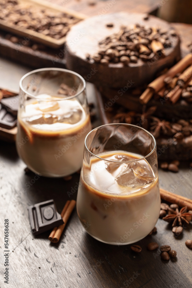 Cream and coffee cocktail in glasses with ice. Cream and coffee cocktail in glasses with ice.
