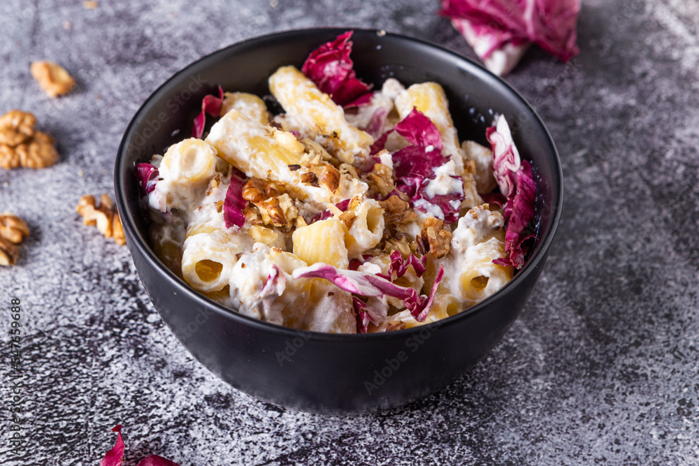 Creamy pasta with ricotta, walnuts and radish. Vegetarian macaroni pasta with ricotta and radicchio. Creamy pasta with ricotta, walnuts and radish. Vegetarian macaroni pasta with ricotta and radicchio.