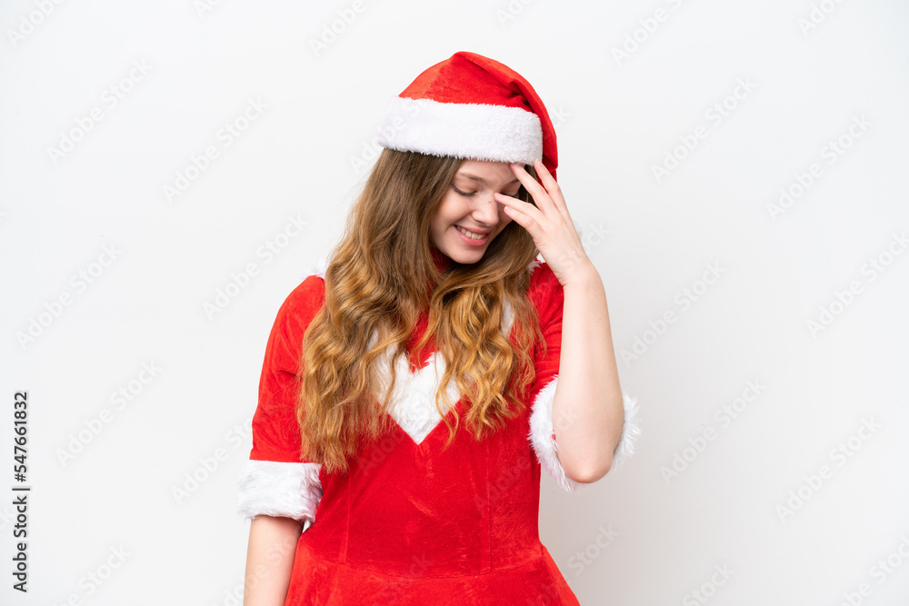 Young caucasian woman with Christmas dress isolated on white background laughing Young caucasian woman with Christmas dress isolated on white background laughing