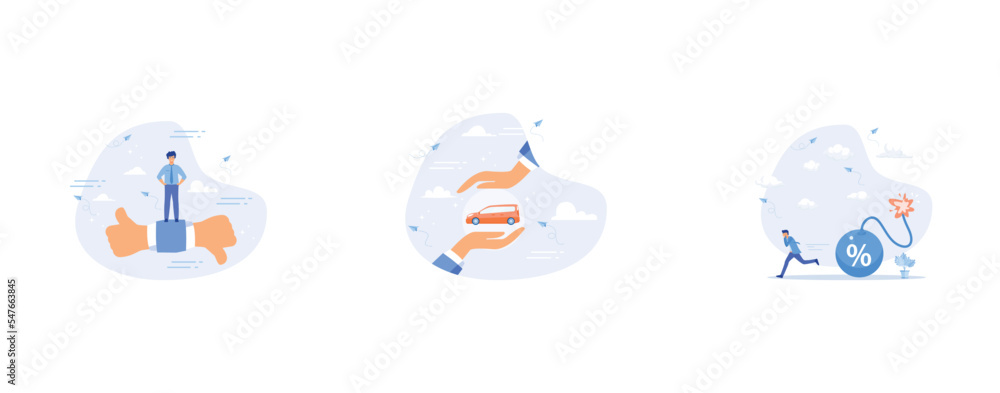 Performance evaluation, Car insurance or automobile protection, Inflation or interest rate causing economic recession, set flat vector modern illustration