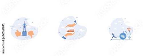 Performance evaluation, Car insurance or automobile protection, Inflation or interest rate causing economic recession, set flat vector modern illustration