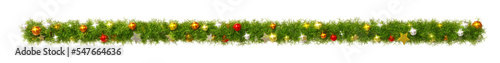 Beautiful christmas wreath like line with shiny stars and colorful orbs, on transparent background (RGBA 3D Rendering PNG)