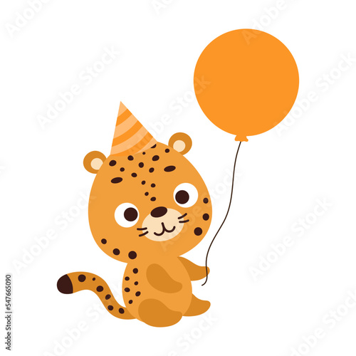 Cute little jaguar in birthday hat holding balloon. Cartoon animal character for kids t-shirt, nursery decoration, baby shower, greeting card, house interior. Vector stock illustration
