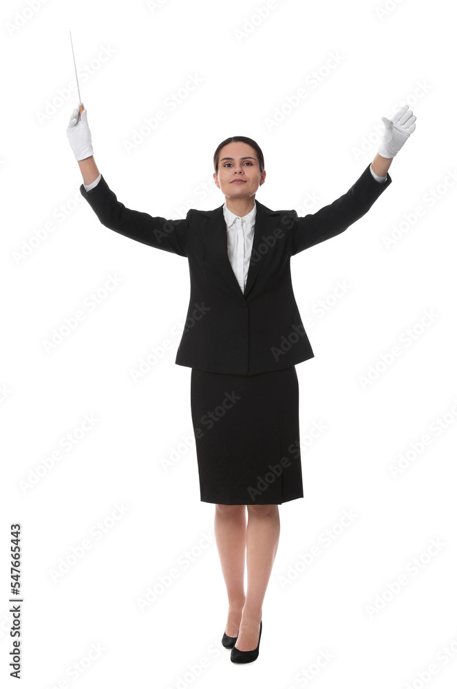 Professional young conductor with baton on white background Professional young conductor with baton on white background