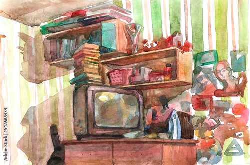 watercolor drawing of the interior of the room in which there is a chest of drawers with a TV and shelves