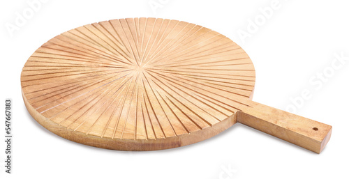Round wooden cutting board isolated on white