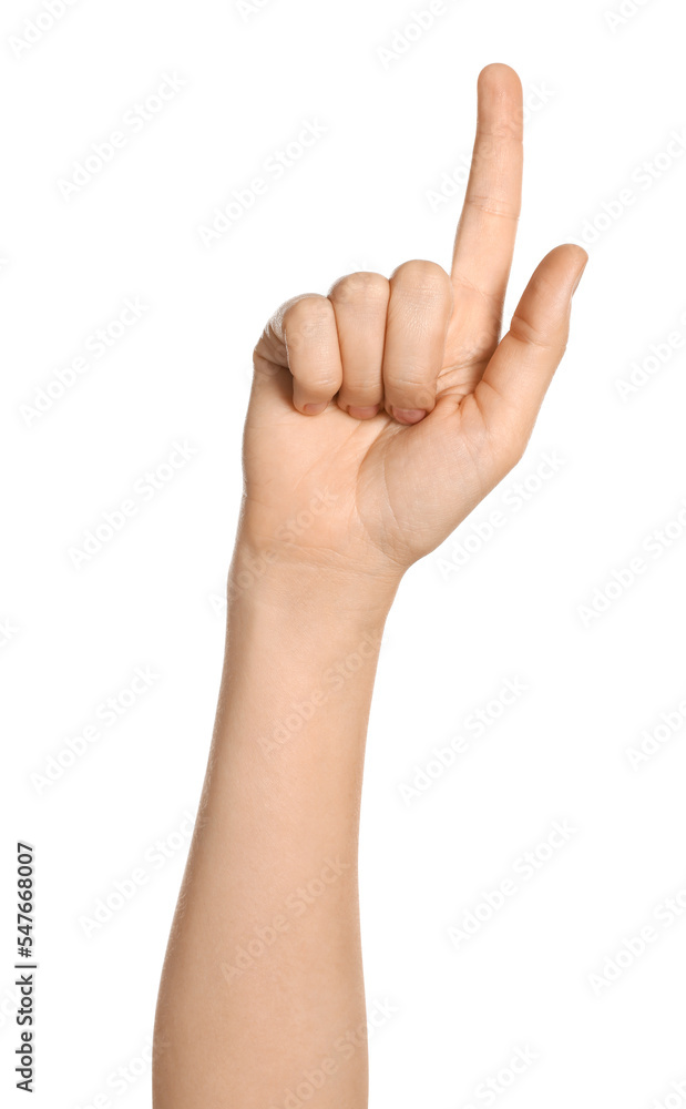 Woman pointing at something on white background, closeup of hand Woman pointing at something on white background, closeup of hand