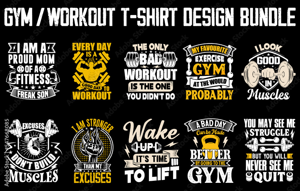 Gym T-shirt design Bundle, Gym motivational quote, Workout inspirational shirt design, Fitness t shirt design