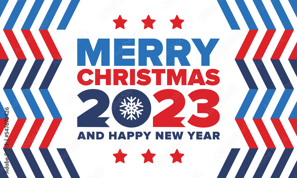 Merry Christmas and Happy New Year 2023. Magic holiday poster with snowflake. Winter celebration event. Christmas party. Congratulation card. Festive design template. Vector illustration Merry Christmas and Happy New Year 2023. Magic holiday poster with snowflake. Winter celebration event. Christmas party. Congratulation card. Festive design template. Vector illustration
