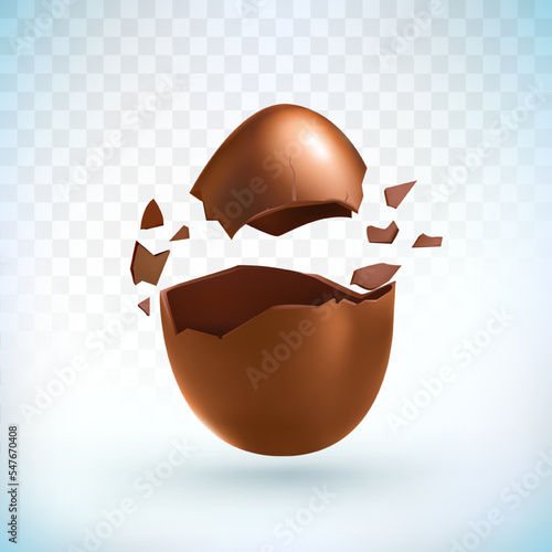 Chocolate egg explosion. Easter egg. Chocolate egg surprise broken on two sides, pieces of crushed chocolate. Vector illustration.