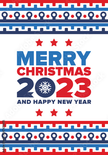 Merry Christmas and Happy New Year 2023. Magic holiday poster with snowflake. Winter celebration event. Christmas party. Congratulation card. Festive design template. Vector illustration