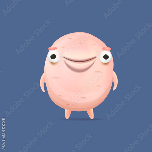 Vector cartoon funny pink alien monster isolated on blue background. Smiling silly pink monster print sticker design template. Cute Ghost, troll, gremlin, goblin, devil and halloween monster