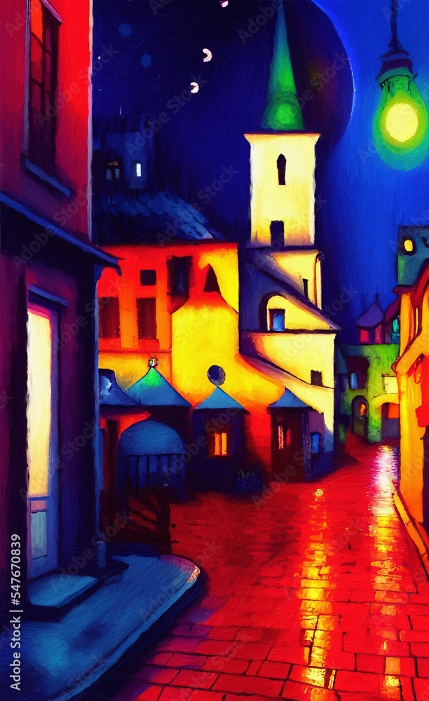 Colorful european small old vintage town at night, colored small houses with colorful roof and small cute street. Digital naive modern surrealism art illustration