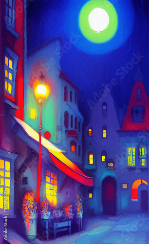 Colorful european small old vintage town at night, colored small houses with colorful roof and small cute street. Digital naive modern surrealism art illustration © Katsiaryna