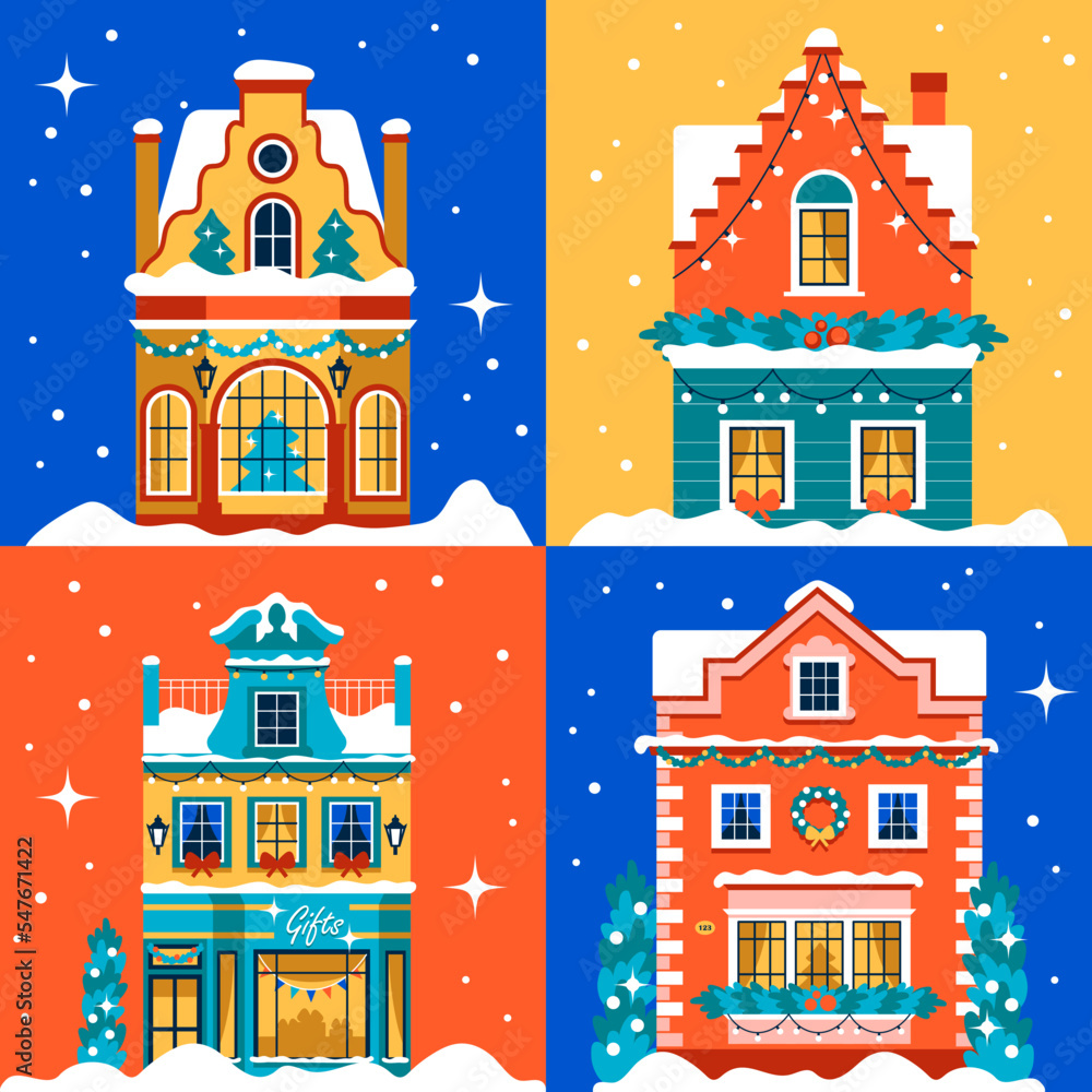 Seamless pattern with Christmas houses. Bright European vintage facades with snow, decor and garlands