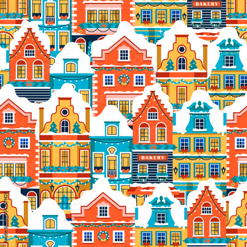 Seamless pattern with Christmas houses. Bright European vintage facades with snow  decor and garlands