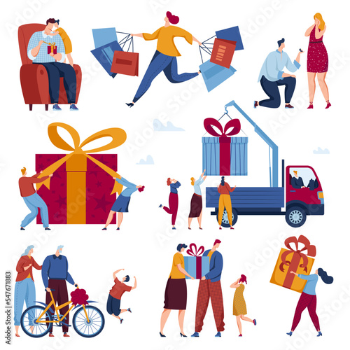 People at holiday give gifts in boxes for birthday, Christmas, celebration event vector illustration, isolated on white.
