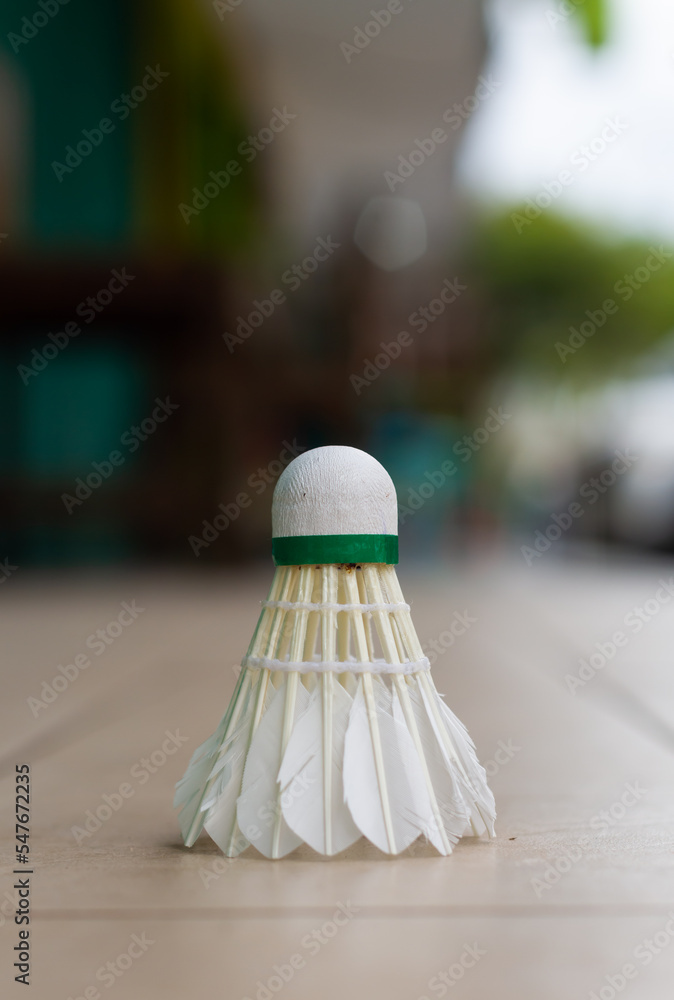 Photo of a shuttlecock with a blurred background.