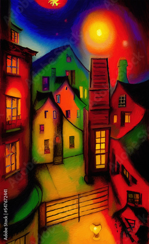 Colorful european small old vintage town at night, colored small houses with colorful roof and small cute street. Digital naive modern surrealism art illustration