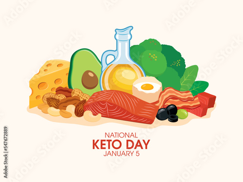 National Keto Day vector. High fat, low carb diet vector. Foods good for the ketogenic diet drawing. Healthy fat foods still life icon vector. January 5. Important day