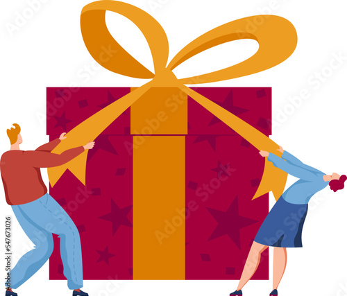 Man and woman open birthday or christmas present big gift box. Big surprise gift for New Year or birthday vector illustration isolated on white