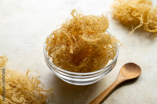 Photo Golden dried Sea Moss, healthy food supplement rich in minerals and vitamins use
