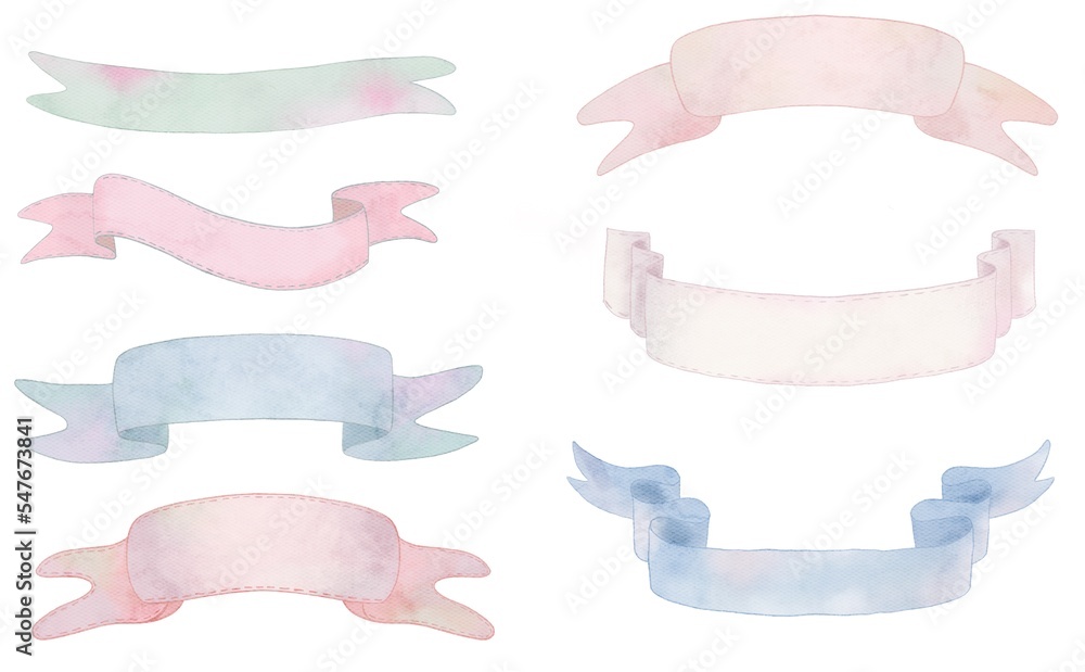 set of hand painted watercolor stripes, ribbons and shapes on white background set of hand painted watercolor stripes, ribbons and shapes on white background
