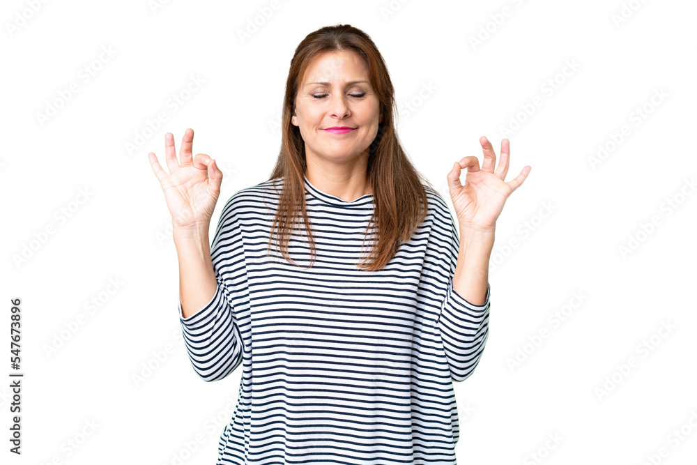 Middle age woman over isolated background in zen pose Middle age woman over isolated background in zen pose