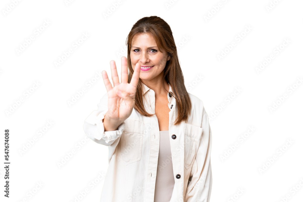 Middle age woman over isolated background happy and counting four with fingers Middle age woman over isolated background happy and counting four with fingers