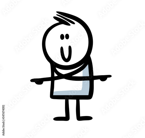 Cute stickman character he wants to confuse us and points his fingers in a different direction with pleasent smile on the face.