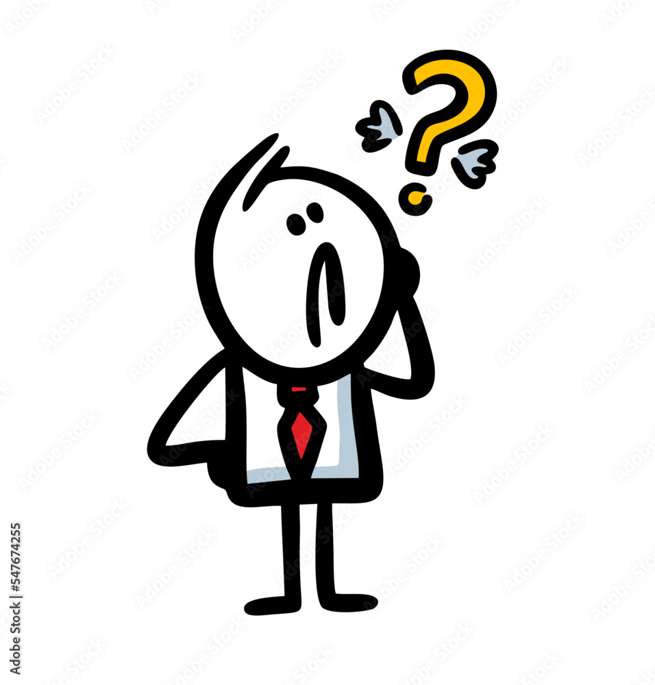 A question mark with wings hovers over the head of a thoughtful man in an office suit and a red tie. A question mark with wings hovers over the head of a thoughtful man in an office suit and a red tie.
