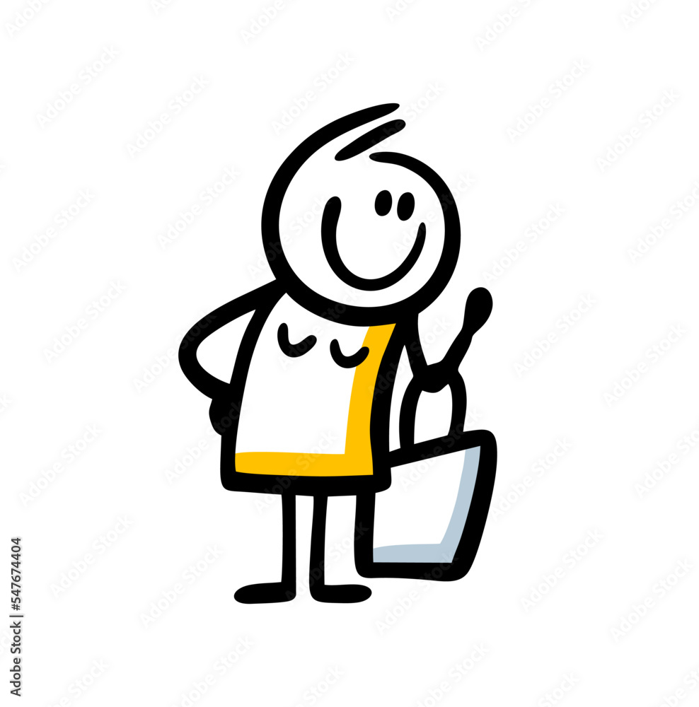 Funny stickman female character with big bag going shoping with smile. Funny stickman female character with big bag going shoping with smile.