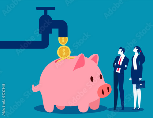Cash flow from pipe into wealthy piggy bank. Business passive income vectorillustration