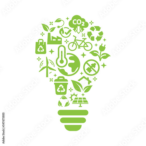 Sustainable, renewable recourses vector template. Ecology, global warming environment symbols and icons in lightbulb.