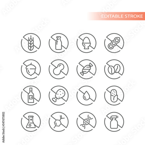 Food ingredients and allergen vector icon set. Gluten, lactose and alcohol free, no preservatives label badge set. 