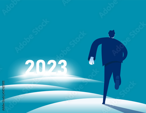 Business person running from 2023. Path to success of business