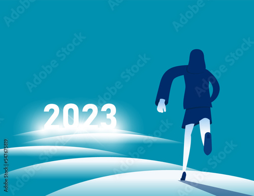 Business person running from 2023. Path to success of business