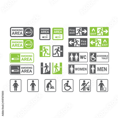 Public building wc, toilet, smoking area sign set. Fire exit, staircase vector sticker set.