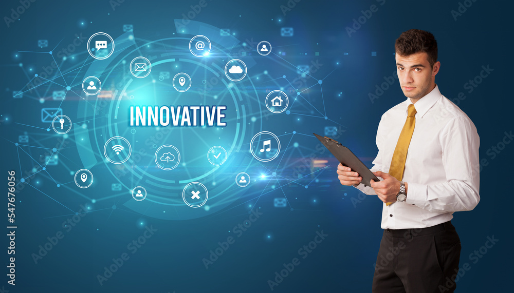 Businessman thinking about modern technology Businessman thinking about modern technology