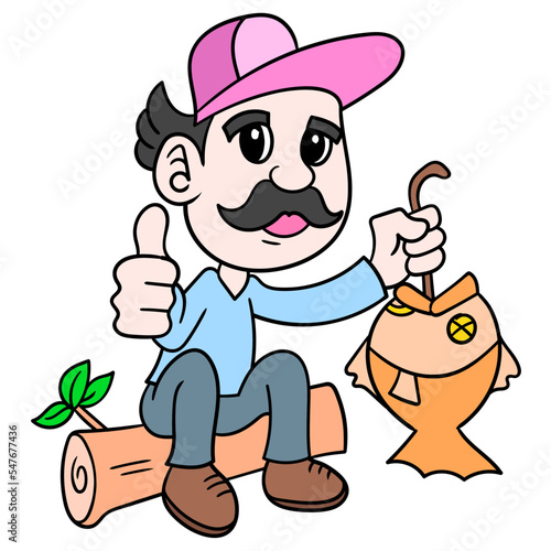 Digital illustration of a cute cartoon man character with a caught fish on a white background