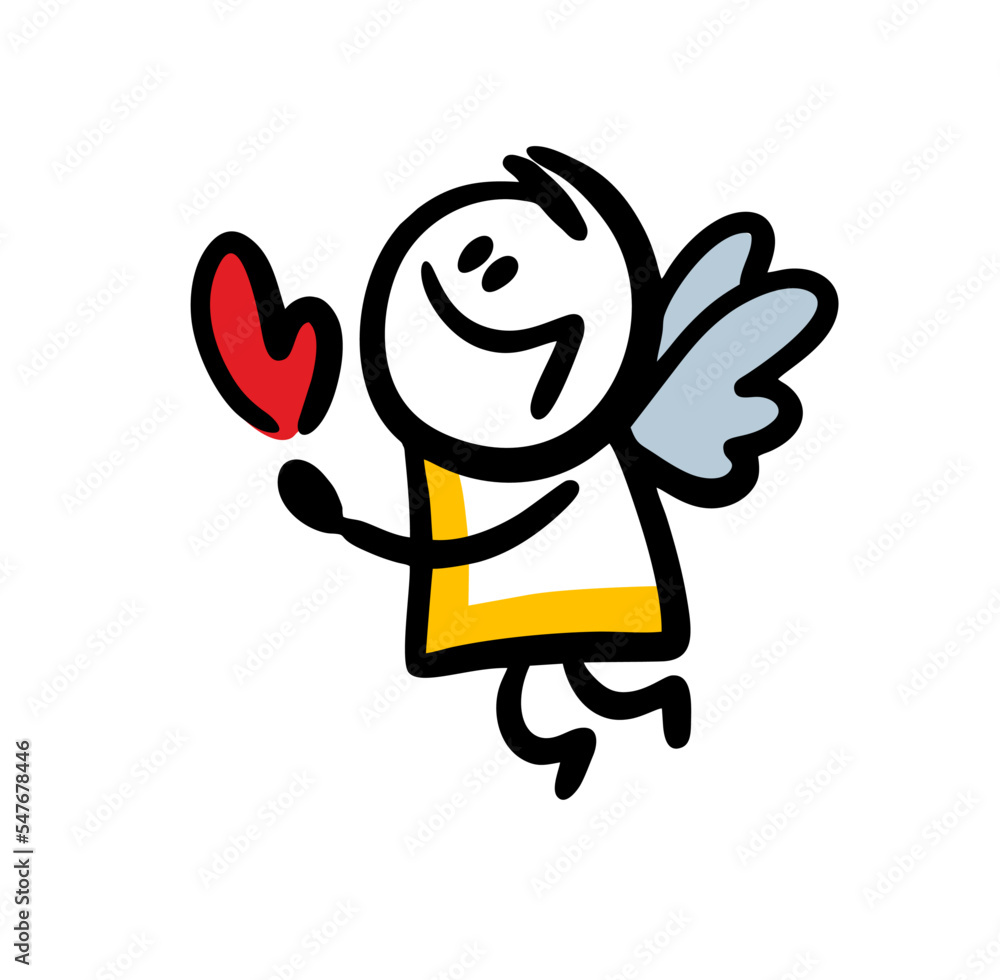 Funny little angel with wings baby holds romantic red heart with smile.