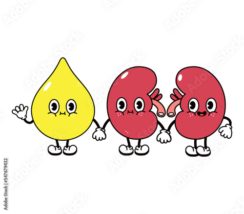 Cute, funny happy drop of urine and kidneys character. Vector hand drawn cartoon kawaii characters, illustration icon. Funny cartoon stomach and kidneys friends concept